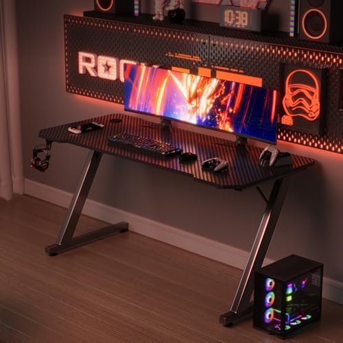 Gaming Tisch 120 x 60 cm, Gaming Schreibtisch, PC Tisch mit Kopfhörerhaken und Kohlefaserbeschichtung, Ergonomischer Computertisch, Metallgestell, Kohlefaser Schwarz – Bild 3