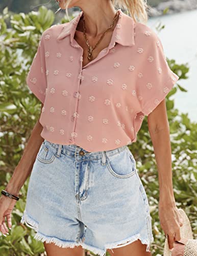 Hotouch Womens Button Down Boyfriend Oversized Blouse Drop Shoulder Collared Shirt Chiffon Work Tops Pink, Xx-Large, Short Sleeve #TOP3