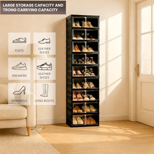 Image of Foldable Shoe Organizer Storage Box, Portable Extra Large Folding Shoe Rack for Closet, Shoe Storage Box with Magnetic Transparent Door and Wheels, 9 Layers 18 Grids
