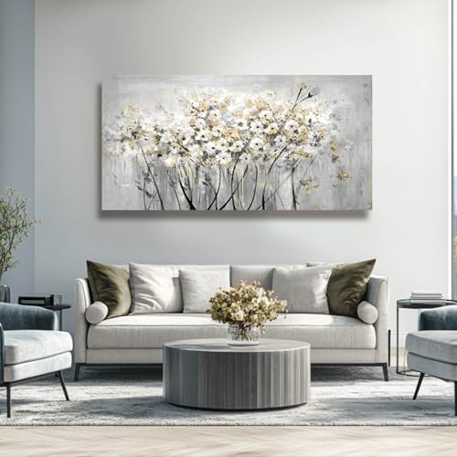 Image of VAYIMDH Gold Pictures Wall Decor Living Room Wall Hanging White and Grey Vintage Posters Floral Photo Prints for Bedroom Dining Room 24x48 Inch