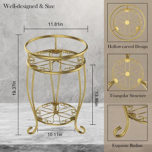 Veakoo Metal Plant Stand Indoor Outdoor,2 Tier Tall Flower Pot Shelf Planter Holder Pedestal Round Sheves Rustproof Wrought Iron Heavy Duty Rack For Corner Garden, Golden, 19.37 Inch #TOP5