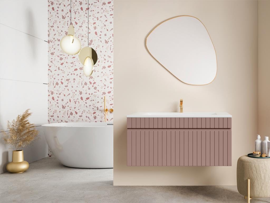 Vente-unique - Mueble suspendido de Lavabo Rayado Rosa - 100 cm - SATARA