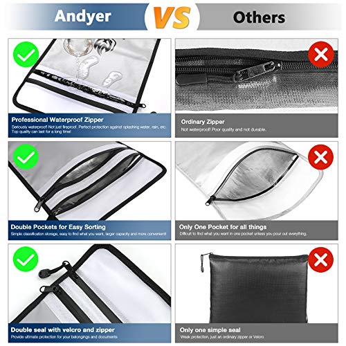 Upgraded Two Pockets Fireproof Document Bag (2000℉), andyer 15”x 11”Waterproof Fireproof Money Bag for Cash with Zipper, Important Document Storage Organizer for Valuables, Legal Documents Safe - Image 4