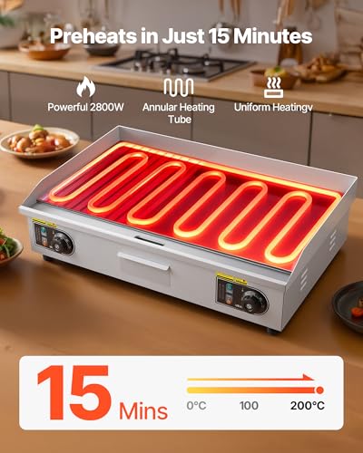 Image of VEVOR Commercial Electric Griddle, 28.54 x 15.75 in, 2800W, 122-570F Adjustable Temp Control, Stainless Steel, Half Grooved Half Flat, with 2 Spatulas, 2 Brushes, and 4 Foot Pads, for Steak(NO PLUG)