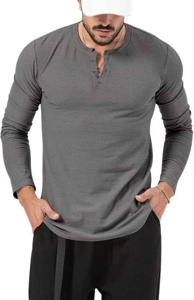 Minlywish Men's Loose Fit Long-Sleeve Henley Shirt Men's