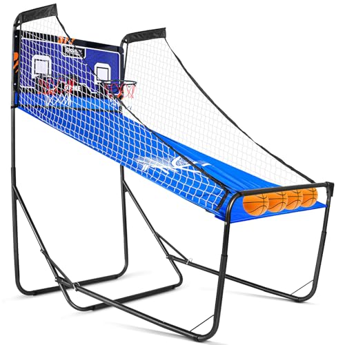 Dual Shot Sport, Basketball Arcade Machine with Adjustable on Front & Back – Foldable Indoor Basketball Game for Home, Gym & Multiplayer Fun | 8 Game Modes W/ 4 Balls & LED Scoreboard and Timer