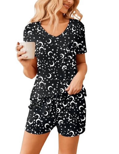 Image of Ekouaer Womens Pajama Sets Short Sleeve Pajamas for Women Sets Soft Lounge Sets Casual V Neck Sleepwear PJS
