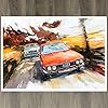 MINSEOK Watercolor Car Posters Room Decor - Premium A2 Art Old Print Pictures, Perfect Car Wall Art Gift - Yellow Scenery Orange Vintage Old Cars #1