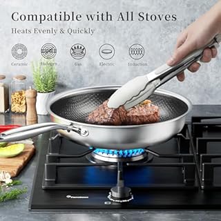 Innerwell Professionale Padella Antiaderente Acciaio Inox 24 cm, Padella Induzione con Coperchio, Rivestimento a nido d'ape antigraffio, Padelle Adatte Per Forno, Universali Pentole, Senza PFOA