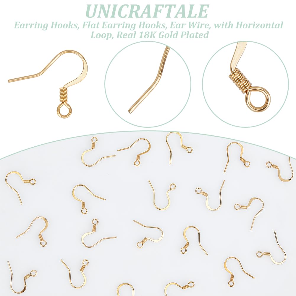 UNICRAFTALE Circa 100 ganci per orecchini placcati in oro 18 carati, in acciaio inox, con passanti, ganci per orecchini, ganci piatti per orecchini, con bobina, per la creazione di orecchini fai da te