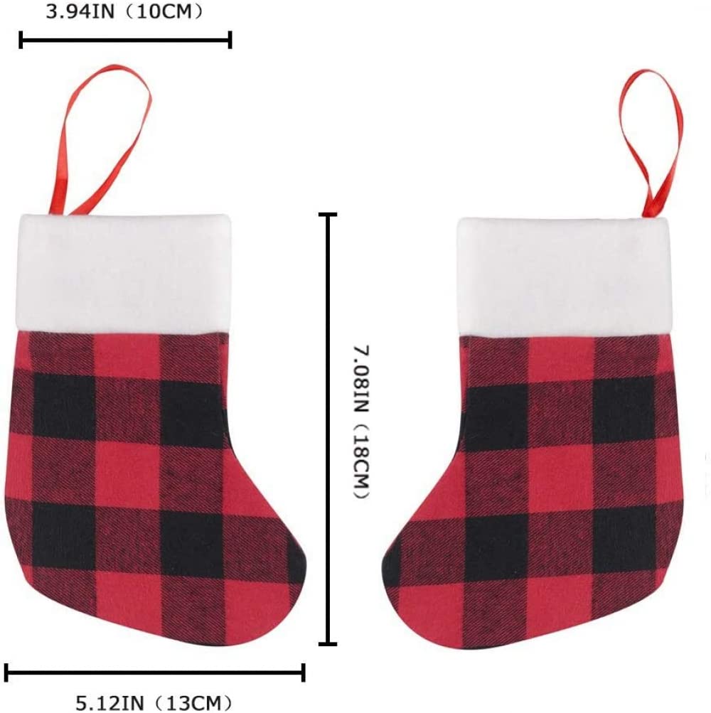 24 confezioni mini calze natalizie, 7 pollici plaid di bufalo con polsino di peluche calze piccole, decorazioni per calze a quadri nere rosse classiche di Natale per tutta la famiglia