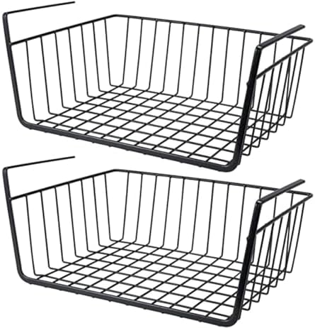 2 Pack Under Shelf Hanging Storage Baskets-Slide in Wire Hanging Storage Baskets for Kitchen, Pantry, Cabinet, Bathroom, Desk-Space Saving Shelf Extender (14.1 x 8.6 x 4.5 In)No Tools Required (BLACK)