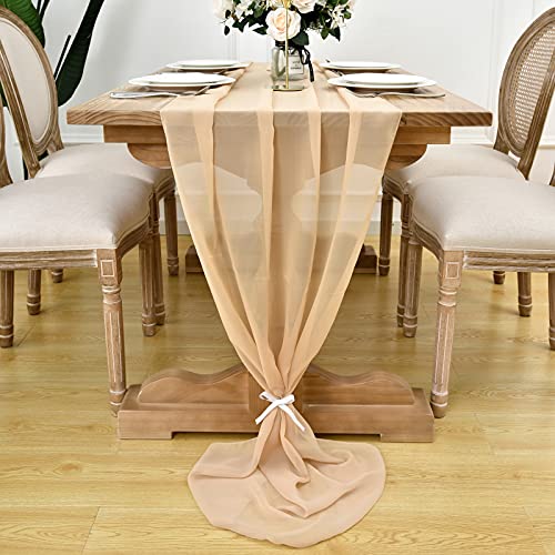 DOLOPL 4 Pack Champagne Chiffon Table Runner 10ft Sheer Wedding Table Runner 29x120 Inches Romantic Tulle Table Runner for Wedding Decor Birthday Party Bridal Baby Shower Table Decoration