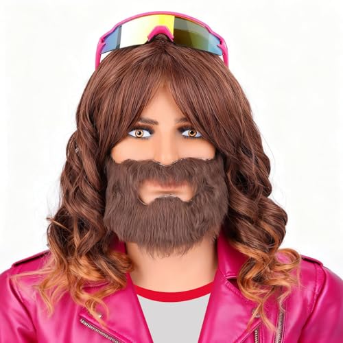 poipoilu Mens Long Brown Cosplay Wigs with Fake Beard Set for Men Cosplay Party Costume Wigs (Brown)