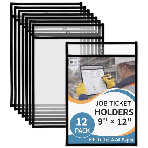 Binditek 12 Pack Heavy Duty Job Ticket Holders, 9 x 12 Inch Black Dry Erase Pockets, Reusable Clear Plastic Sleeves for Letter Size & A4 Papers, Shop Ticket Holders for Office & Classroom