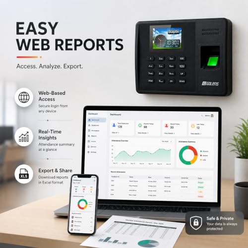 Image of Golens Biometric Attendance Machine [NEW Launch] - Fingerprint, RFID Card & Password | Wi-Fi, Cloud, TCP /IP | Backup Battery | Office & Factory Use | AM-03E
