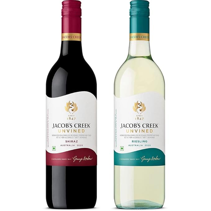 Jacobs Creek UNVINED Shiraz Non Alcoholic Red Grape Still Wine and Riesling Non Alcoholic White Grape Still Wine (750ml Each, Pack of 2)