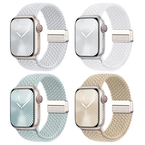 Image of 4 Pack Braided Stretchy Bands Compatible with Apple Watch 40mm 41mm 38mm 42mm 44mm 45mm 46mm 49mm Women Men, Breathable Nylon Elastic Daily Use Straps for iWatch Series 11 /10 9 8 7 6 5 4 3 SE /Ultra 2