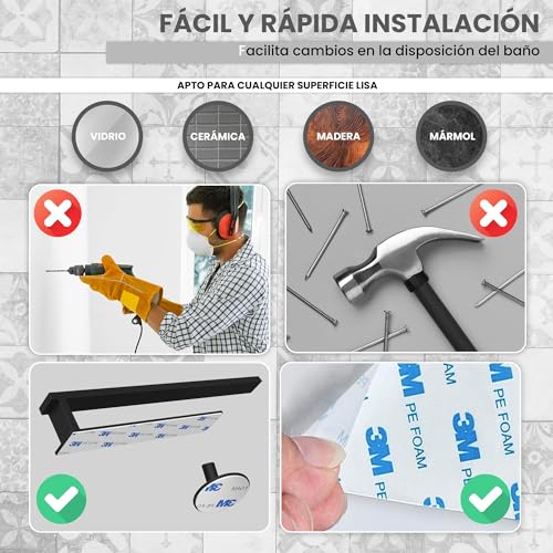 BYSER Toalleros de Baño sin Taladro-Toallero Adhesivo Baño -Set Accesorios Baño Toallero+2 Ganchos para Toallas -Acero Inoxidable 304 Toallero Negro para Baños,Pared y Cocina 39 CM Diseño Moderno - imagen 5