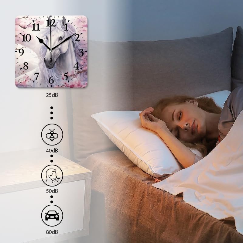 Quartz Wall Clocks Non-Ticking Silent Battery Operated Modern Wall Clocks Decorative for Home,Bedroom-White Horse Surrounded by Cherry Blossoms(12inch)
