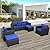 Outdoor Wicker Furniture Couch Set 5 Pieces, Patio Furniture Sectional Sofa with Royal Blue Cushions and Furniture Covers, Black Rattan