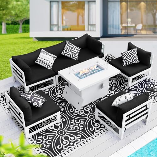 BULEXYARD 7 Piece Luxury Aluminum Outdoor Sectional Sofa with Fire Pit Table, Oversized L Shaped Patio Furniture Set, 29 inch Deep Wide Seating, 500 lbs Heavy Duty Conversation Set for Backyard, Black