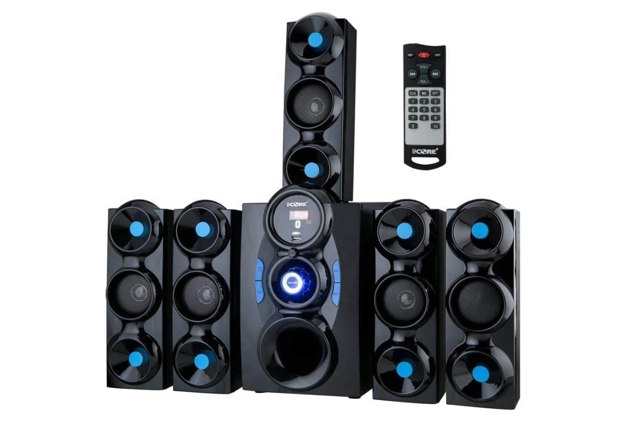 SKYSTER Jumbo Smart Home Theater with 5.1 Multimedia Speaker, Ac-3 Surround Sound Remote Control (Blue), USB, AUX, FM, and Bluetooth Connectivity, 9500 Output Rms Watt, and 75dB