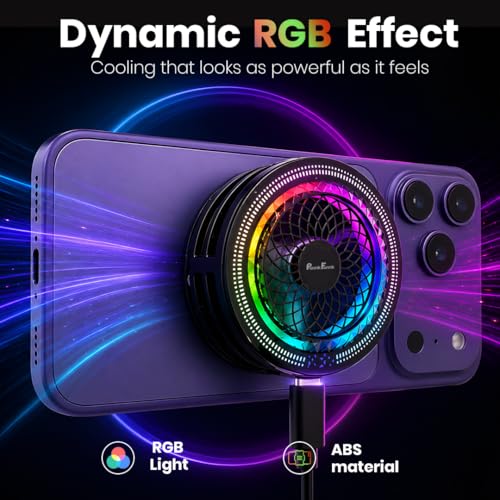 Image of PunnkFunnk Phone Cooler for Gaming, 5000 RPM 7-Blade Fan, RGB Light, Semiconductor Cooling Chip, Type-C Powered, LED Display, Clamp Mount Mobile Cooling Fan for Android & iOS (Black)