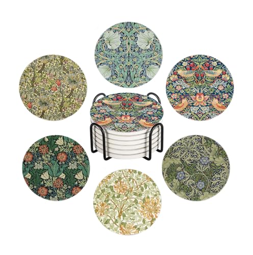 WWOOPLL William Morris Drink Coasters Set of 6, Vintage Botanical Floral Garden Absorbent Round Ceramic Stone Mat Coaster, with Cork Base and Metal Holder, Anti-Slip Cork Bottom for Mugs and Glasses