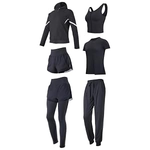 Purple Workout Set For Women 6-Piece Activewear Set With Hoodie Tank Tee Shorts Pants Leggings Breathable Polyester-Spandex Blend