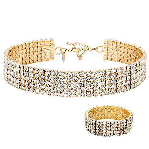 Zealmer 18K Yellow Gold Plated 1-5 Rows Rhinestone Choker Necklace & Stretch Bracelets Set Wedding Jewelry