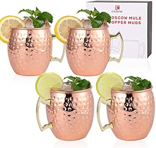 Moscow Mule Mugs Set of 4-18 oz, [Gift Set] Hammered Copper Mugs | Stainless Steel Lining, Copper Plating Cups with Gold Brass Handles for Making Classic Moscow Mule, 3.4'' (Diameter) x 4 ''(Tall)