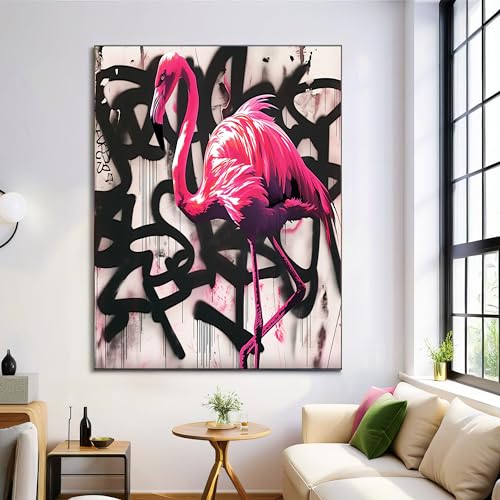 DLERFLOVR Impression sur Toile Flamant Tableaux Decoratifs Muraux Graffiti Noir Image sur Toile Salon Chambre Salle de bain, 70L x 50l cm, Rose