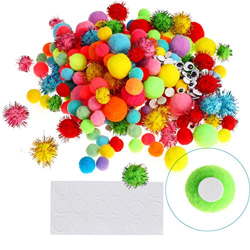 Richness Assorted Pom Poms Assorted Pompoms for Craft Making with Wiggle Googly Eyes Multiple Colors & Sizes, DIY Creative Decorations Pack of 220pcs