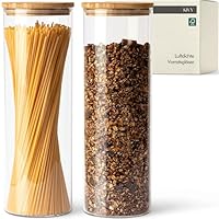 KIVY Vorratsgläser mit Deckel Luftdicht - 2 x 1.8L - Für Spaghetti, Mehl, Müsli Aufbewahrung Glas - Nudelgläser mit Deckel - Spaghetti Aufbewahrung Glas Groß - Nudel Gläser mit Bambusdeckel