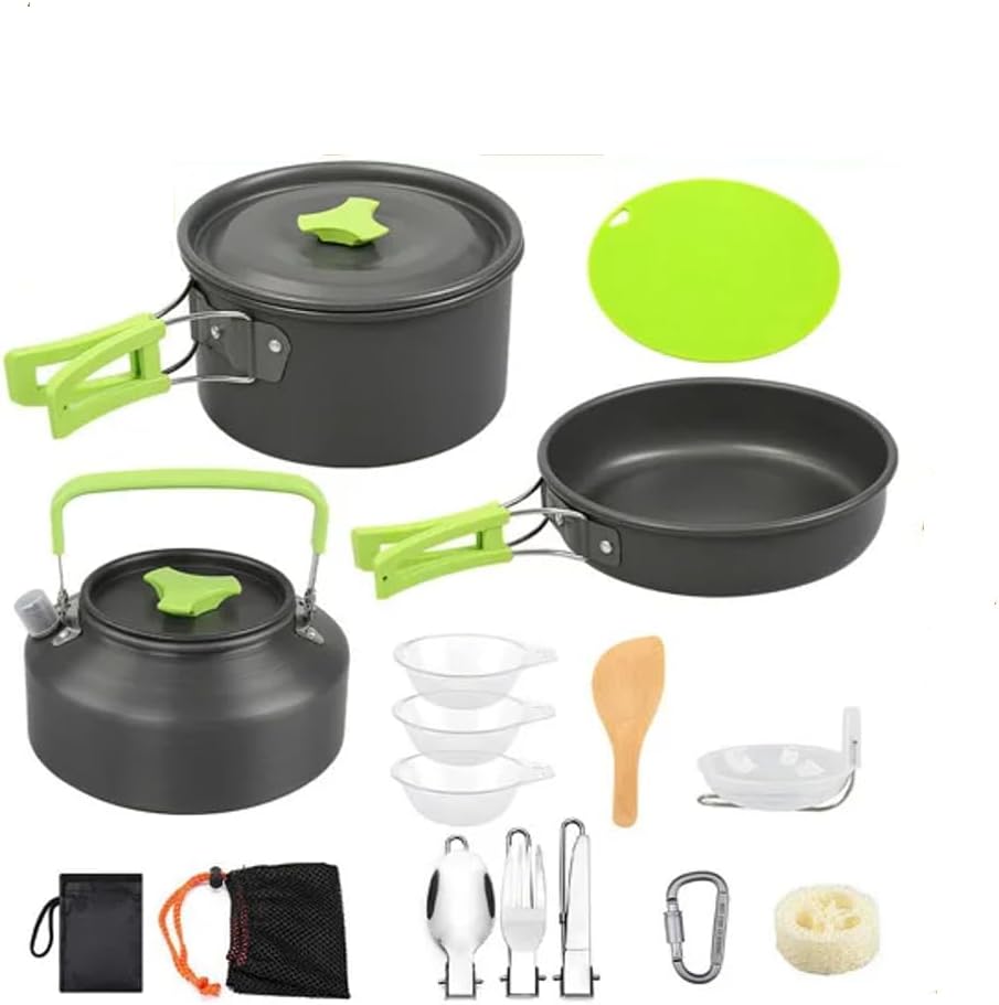 16 Pcs Camping Cooking Ware Set Camping Stove Cookware Kit Aluminum Pot Pan Kettle Set with Bowls Knife Fork Spoon Carabiner Spatula Cutting Board for Hiking Picnic Outdoor