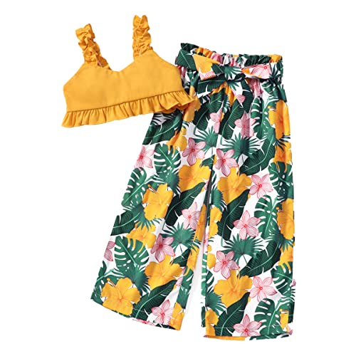 Qlipin Toddler Girls Set-Baby Ruffle Vest Crop Tops Wide Leg Pants Boho Cargo Pants Jumpsuit Summer Outfits 2 Pcs #TOP8