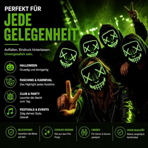 TK Gruppe Timo Klingler LED Grusel grün Maske - wie aus Purge steuerbar, leuchtend für Halloween… – Ansicht 6