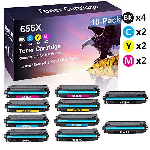 10 Pack (4B+2C+2Y+2M) Compatible Laserjet Enterprise M652 M653 Imaging Toner Cartridge Replacement for HP 656X CF460X CF461X CF462X CF463X Toner Cartridge(High Capacity)