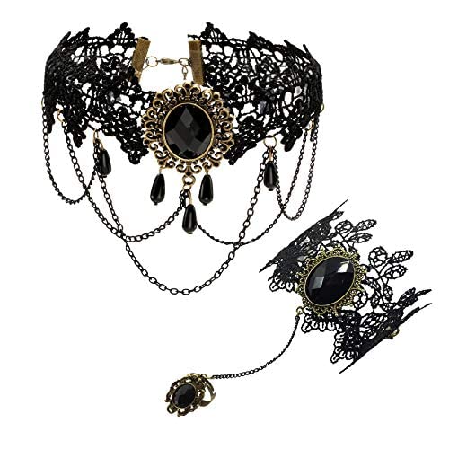 JJDreams 2PCS Vintage Lolita Lace Choker Bracelet Set Black Goth Collier Collier Halloween Cover