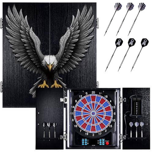 Yirinatek Dartscheibe Elektronisch, Dekoratives Elektronische Dartscheibe Schrank [6 Bronze Soft-Tip Pfeile], Eigene Lichtfarbe for Jeder Spieler, Profi E Dart Scheibe mit Holzschranktüren - Adler