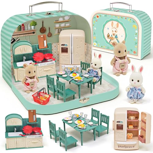 Maison de Poupée Valise avec Meubles Miniatures, Accessoires DIY, Maison Miniature avec 2 Poupées Flexibles, Chambre et Meubles de Cuisine, Jouet Cadeau pour...