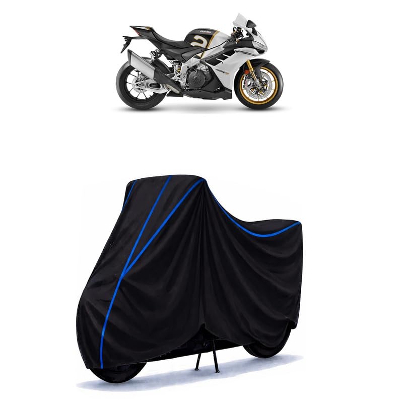 Image of Tuono 660 Bike Cover Water Resistant Universal Motorcycle Rain | Heavy Duty UV Protection, Dust, Scratch Indoor Outdoor All Weather with Black Blue Piping Elastic