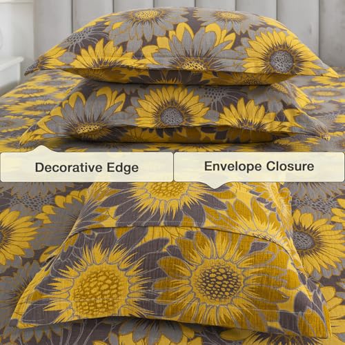 Image of Sunflower Muslin Bed Sheets Queen Size, Shabby Yellow Floral Chic Soft Farmhouse Sheet Set, Neutral Luxury Cottage Bedding, Grey Flower Deep Pocket Fitted Sheet, 100% Washed Cotton, 4Pcs