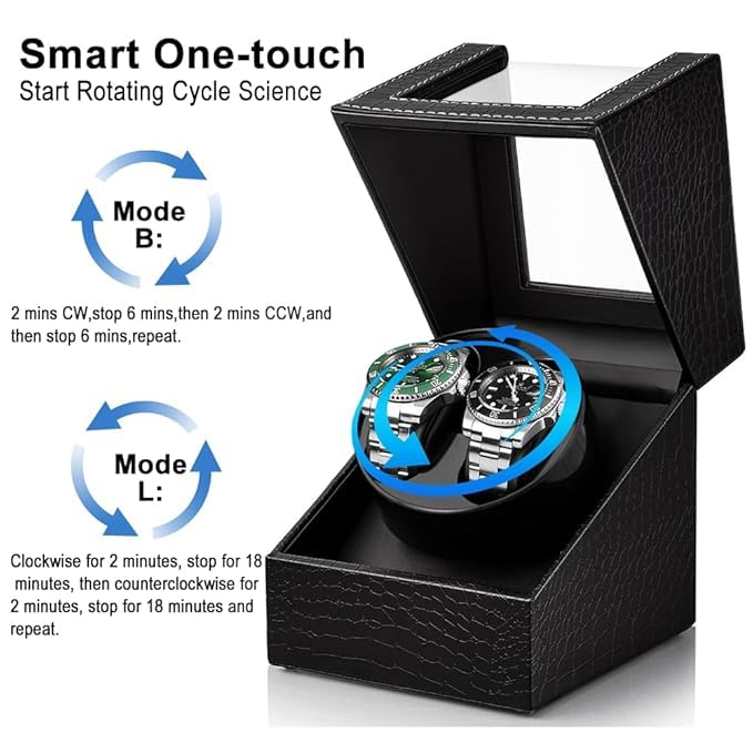 Image of Double Automatic Watch Winder Box, Automatic Watch Display Storage Rotation Wristwatch Box with 2 Slots-Black (CROC)