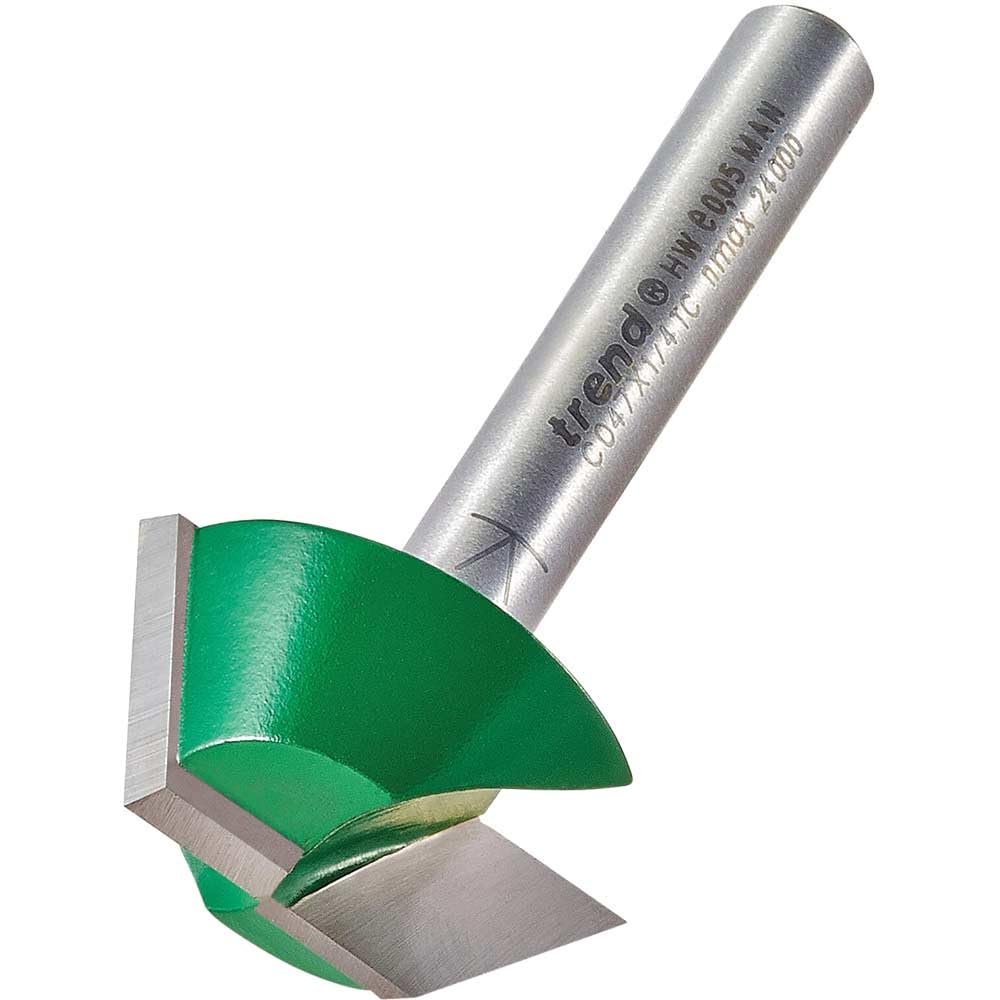 Trend Silver Craftpro Bevel Trimmer Router Cutter Bit, 1/4 Inch Shank, 25.4Mm Cut Diameter & 10Mm Cut Length, Chamfer Angle 60 Degrees, Tungsten Carbide Tipped, C047x1/4Tc Size 0.0661386786