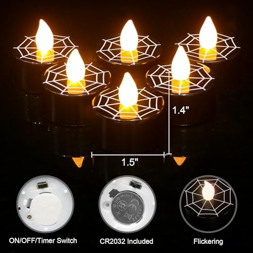 Image of Black Halloween Tea Lights Candles with 6H Timer, Flameless Candles with Spider Web Flickering, LED Candles Battery Operated 12 Pack Φ 1.5 inch H 1.4 inch for Fall Halloween Decorations
