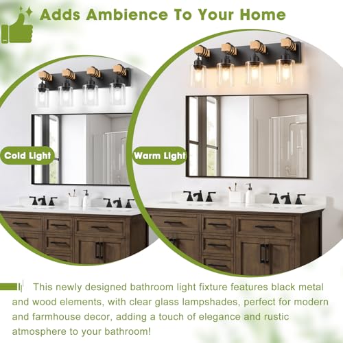 Image of Licperron 4-Lights Farmhouse Vanity Lights for Bathroom, Matte Black Bathroom Light Fixtures with Clear Glass Shade, Rustic Wood Wall Lighting Fixtures Over Mirror for Bedroom, Living Room, Hallway