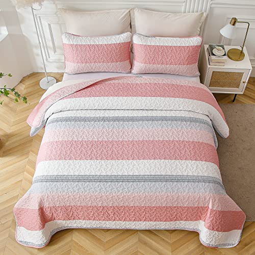 Mybedsoul Stripe Quilt Set King Size Pink Geometric Stripe Bedspread Coverlet Set For All Season,3 Pieces Patchwork Reversible Bedding Set King 90"X104" #TOP2