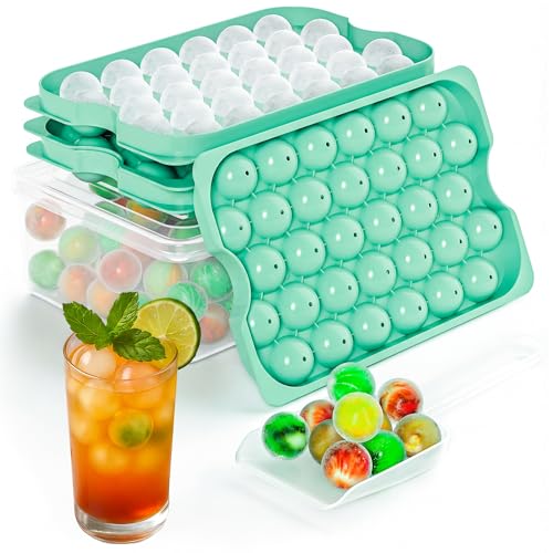 Round Ice Cube Tray with Lid and Container Ice Ball Maker with Scoop Stackable Sphere Ice Tray for Freezer Mini Ice Balls for Iced Coffee Juice Smoothies and Refreshing Drinks